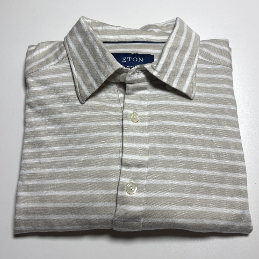 Eton Contemporary Linen Blend Pique Polo Shirt Mens L Tan White Striped - Picture 2 of 7